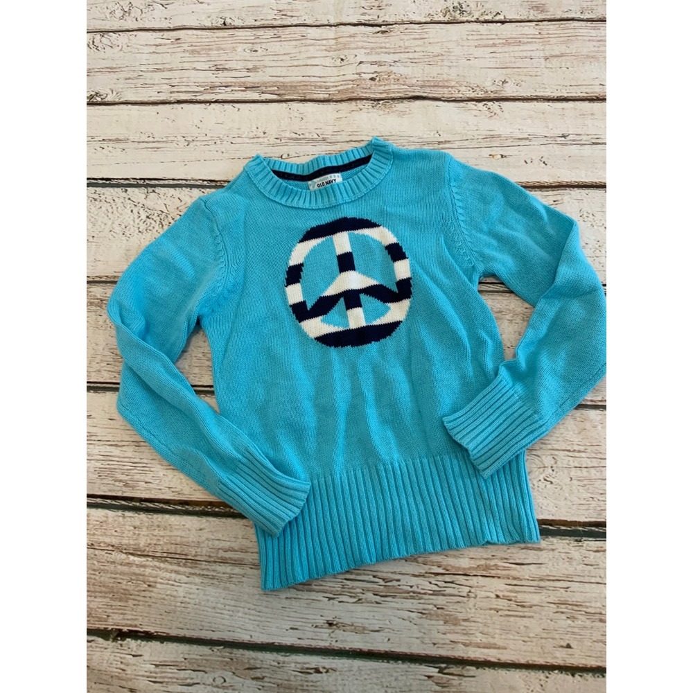 Old Navy Kids Medium 8 Peace Sign Graphic Knit Sweater Turquoise Blue Striped